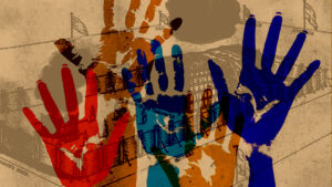 Hand prints overlaid on a background of the Tabernacle