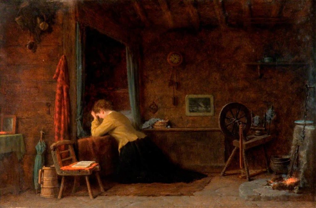 Painting of a woman kneeling in prayer at her bedside