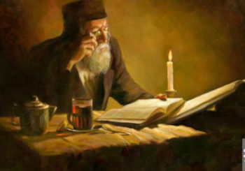 Painting of Elderly man reading by candlelight