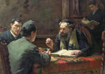Jewish men discussing texts around a table